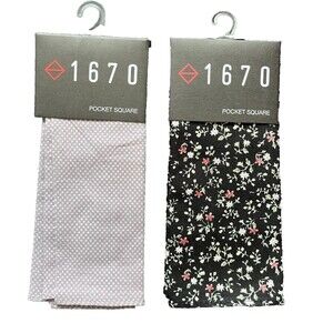 2-Pack, 1670 Pocket Squares Black with White Floral & Grey with White Polkadot
